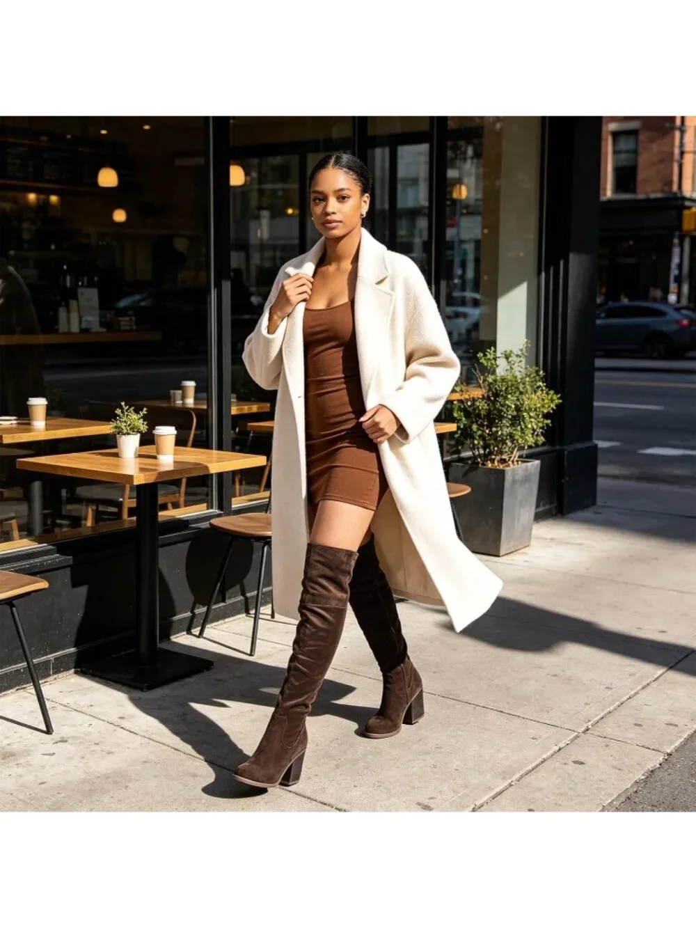 Women's Brown Stacked Block Heeled Pointed Toe Side Zipper Thigh High Boots